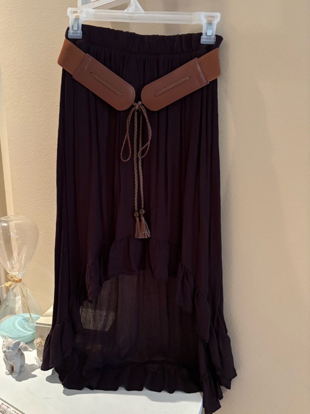 Brown Ruffled Maxi Skirt with Brown Belt